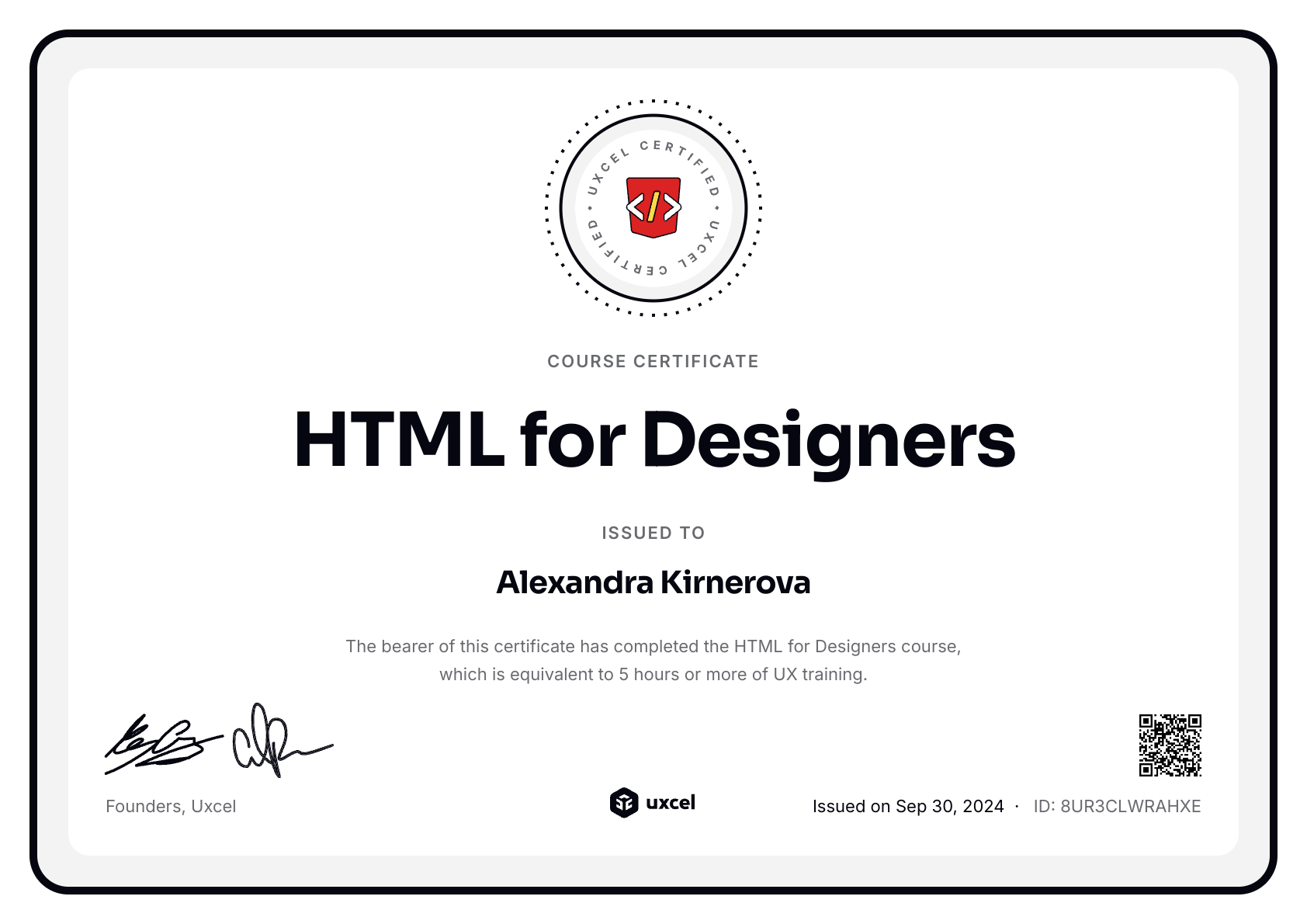 Alexandra Kirnerova's certificate